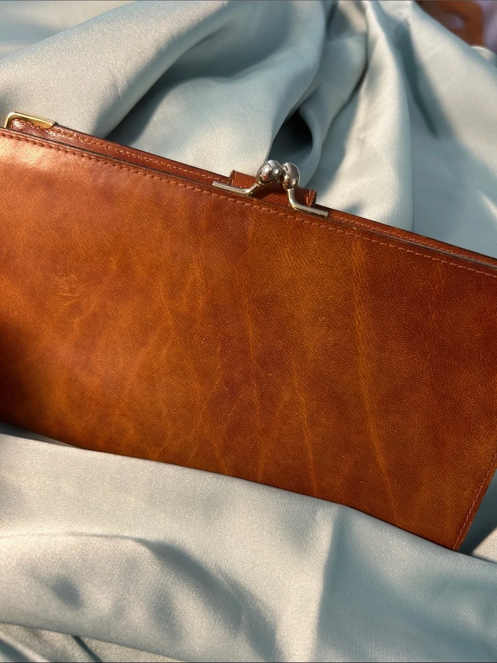 Italian Leather Wallet w/ kiss lock closure, in Cognac Brown